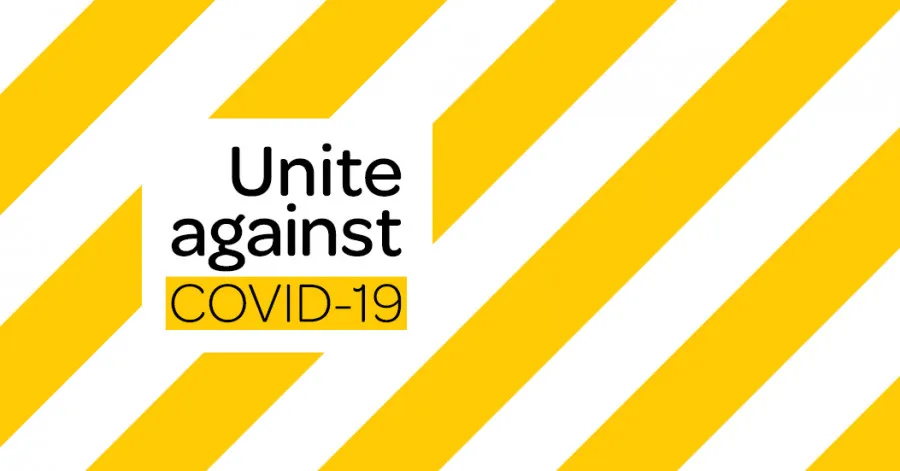 Unite against COVID-19 banner with yellow and white stripes.